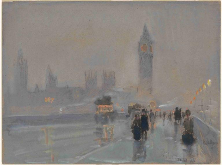 Big Ben,Childe Hassam,Oil Painting,Oil Painting, outdoors, border, scenery, traditional media, multiple girls