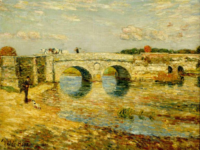 Bridge Over the Stour,Childe Hassam,Oil Painting,Oil Painting, outdoors, cloud, sky, scenery, water, day