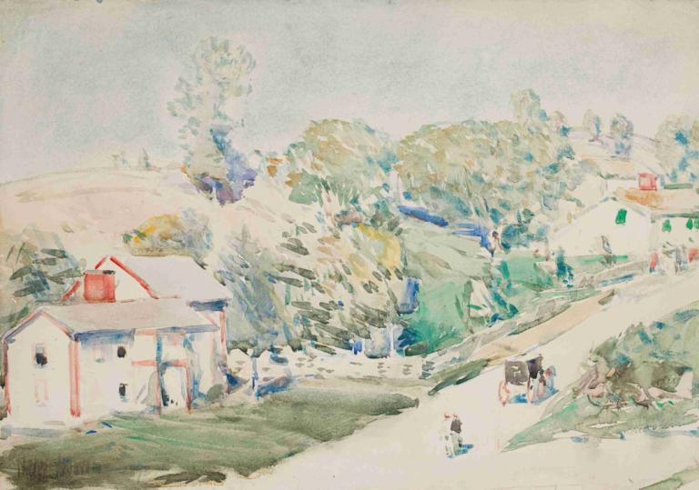 Country Road,Childe Hassam,Watercolor,Watercolor, tree, house, traditional media, scenery, outdoors