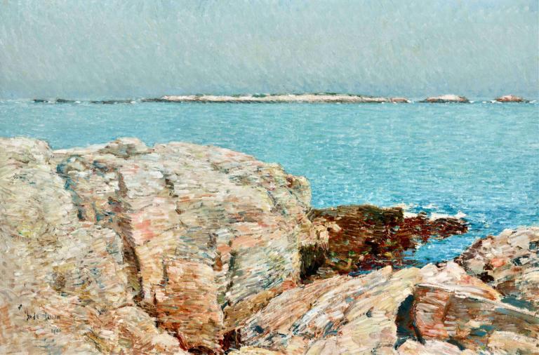 Duck Island,Childe Hassam,Oil Painting,Oil Painting, no humans, outdoors, scenery, ocean, day, rock