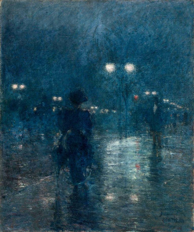 Fifth Avenue Nocturne,Childe Hassam,Lukisan cat minyak,Lukisan cat minyak, solo, malam, 1 anak laki-laki