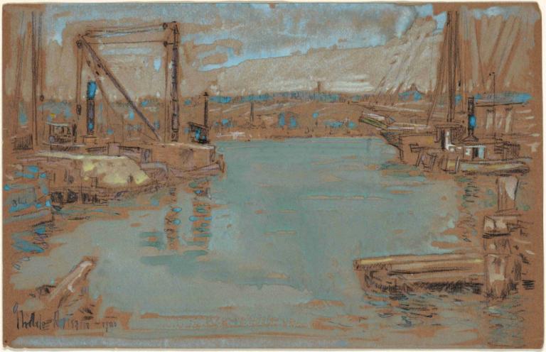 North River Dock, New York,Childe Hassam,Lukisan cat minyak,Lukisan cat minyak, tidak ada manusia, perahu