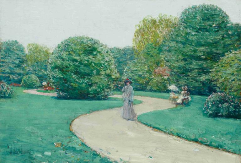 Parc Monceaux, Paris,Childe Hassam,Lukisan cat minyak,Lukisan cat minyak, di luar rumah, pohon, gaun, 1 gadis