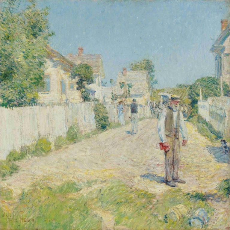 Street In Gloucester,Jalan di Gloucester,Childe Hassam,Lukisan cat minyak,Lukisan cat minyak, di luar rumah