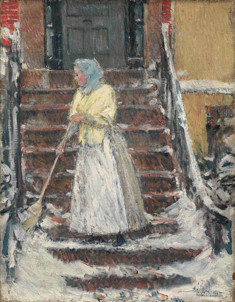 Sweeping Snow,Menyapu Salju,Childe Hassam,Lukisan cat minyak,Lukisan cat minyak, solo, tangga, 1 gadis, salju