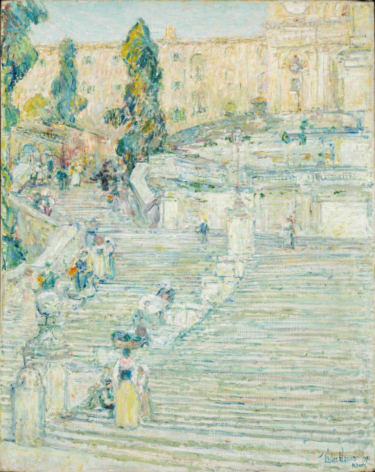 The Spanish Stairs, Rome,Tangga Spanyol, Roma,Childe Hassam,Lukisan cat minyak,Lukisan cat minyak, 1 gadis