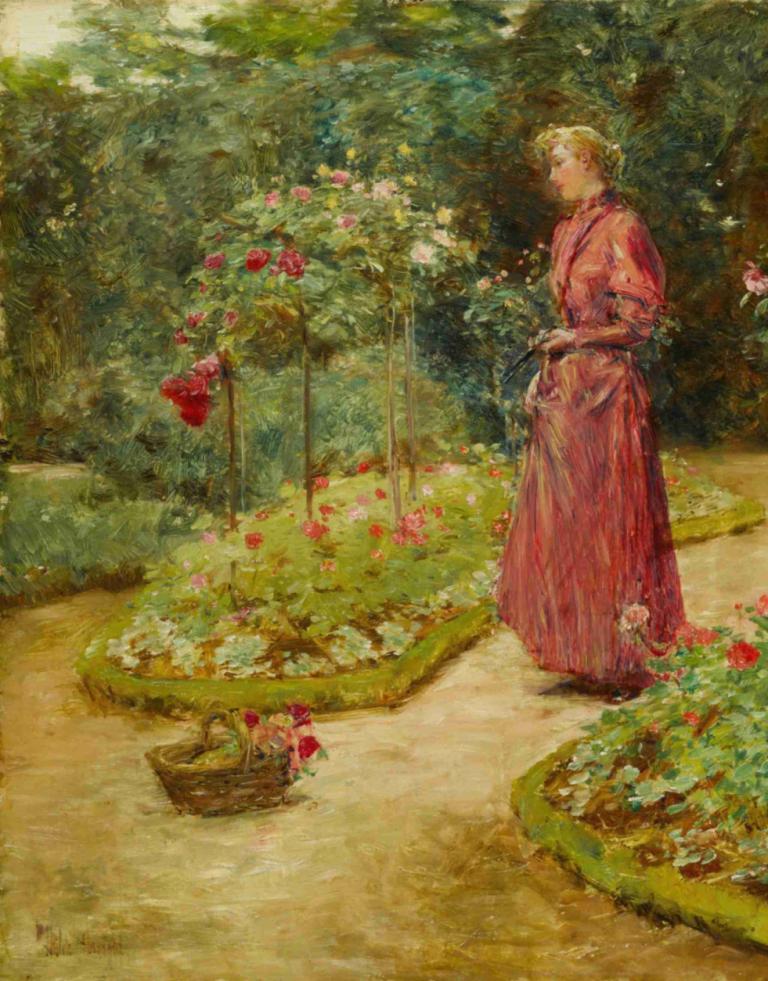 Woman Cutting Roses in a Garden,Wanita Memotong Mawar di Taman,Childe Hassam,Lukisan cat minyak