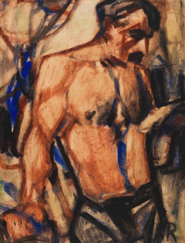 Arbeiter mit nacktem Oberkörper,Christian Rohlfs,Pastel,Pastel, male focus, 1boy, solo, topless male