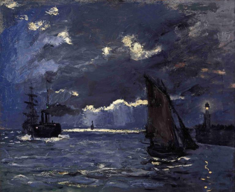 A Seascape, Shipping by Moonlight,Claude Monet,Oil Painting,Oil Painting, watercraft, ship, ocean, cloud