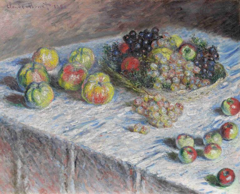 Apples and Grapes,Claude Monet,Oil Painting,Oil Painting, no humans, fruit, traditional media, food, dated