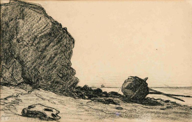 Barque Échouée Près De Sainte-Adresse,Claude Monet,Sketch,Sketch, rock, monochrome, no humans