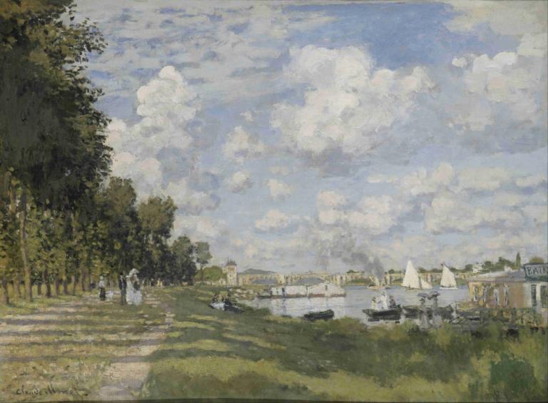 Bassin d'Argenteuil,Claude Monet,Oil Painting,Oil Painting, outdoors, scenery, cloud, tree, sky, grass