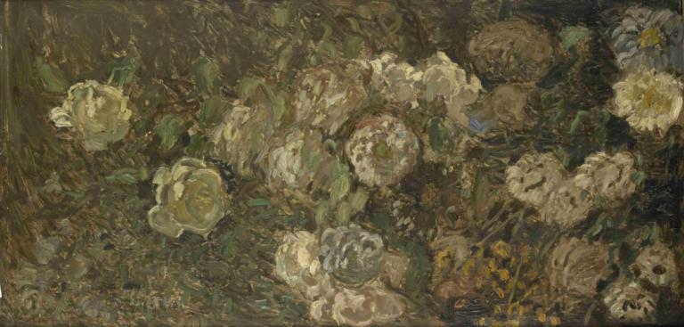 Bloemen,Claude Monet,Oil Painting,Oil Painting, flower, no humans, white flower, plant, yellow flower, leaf