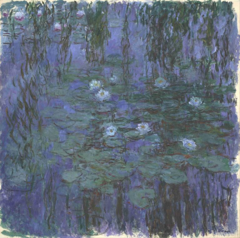 Blue Water Lilies,Claude Monet,Oil Painting,Oil Painting, no humans, flower, lily pad, scenery, water