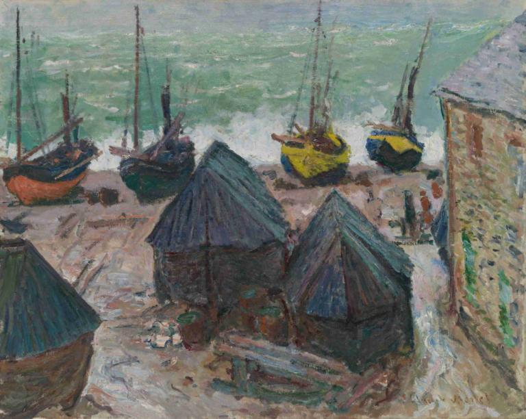 Boats on the Beach at Étretat,Claude Monet,Oil Painting,Oil Painting, watercraft, no humans, outdoors, boat