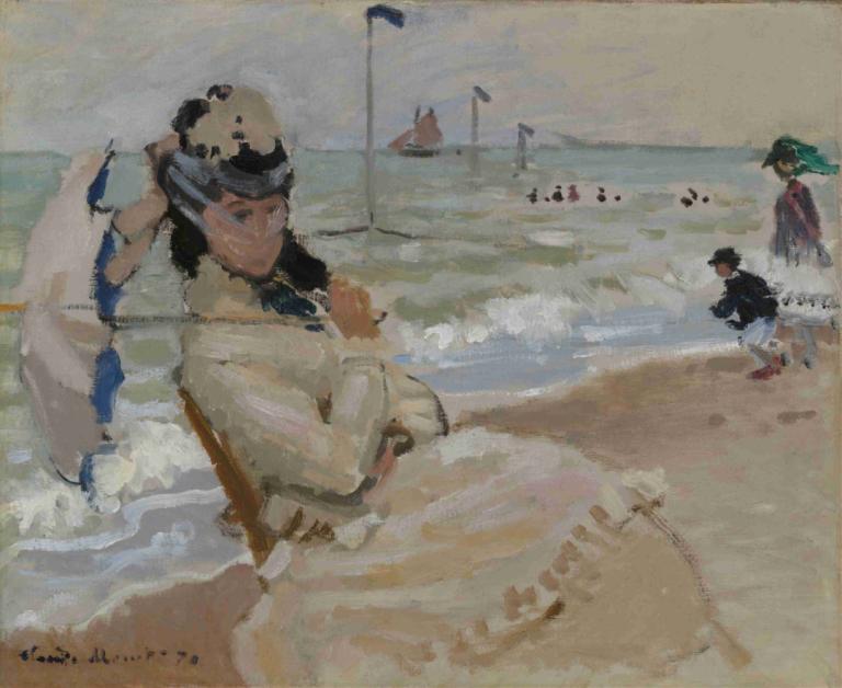 Camille on the Beach in Trouville,Camille op het strand in Trouville,Claude Monet,Olieverf,Olieverf, paraplu