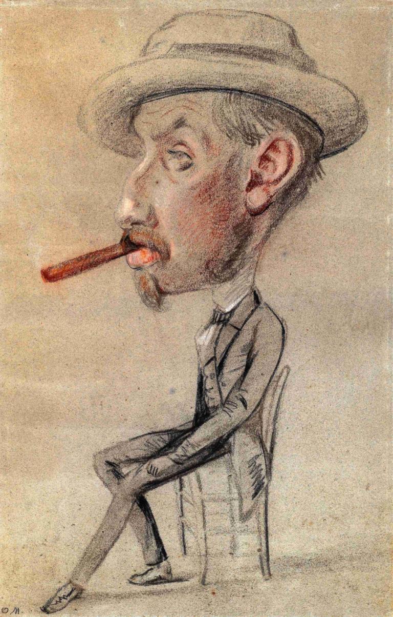 Caricature of a Man with a Big Cigar,Karikatuur van een man met een grote sigaar,Claude Monet,Kleurenschets