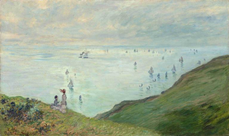 Cliffs at Pourville,Claude Monet,Oil Painting,Oil Painting, scenery, outdoors, cloud, water, sky, dress