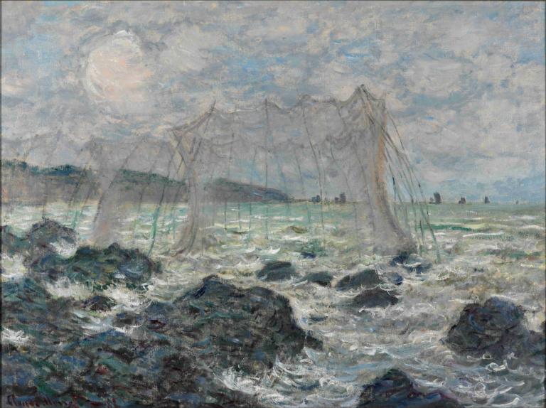 Fishing nets at Pourville,Claude Monet,Oil Painting,Oil Painting, no humans, cloud, scenery, outdoors, waves