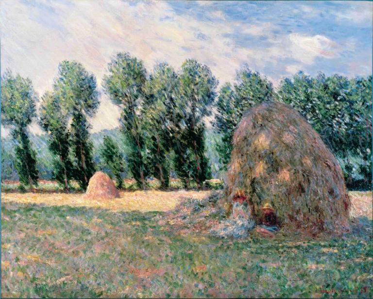 Haystacks,Claude Monet,Oil Painting,Oil Painting, outdoors, tree, no humans, scenery, day, sky, cloud