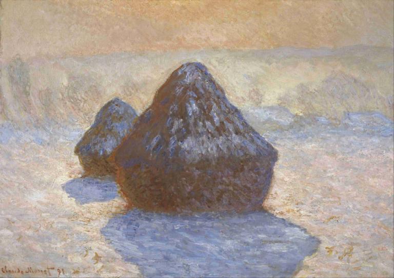 Haystacks- Snow Effect,Claude Monet,Oil Painting,Oil Painting, no humans, outdoors, traditional media, dated