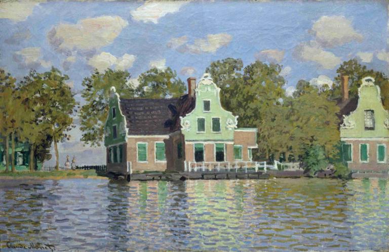 Houses by the Bank of the River Zaan,Claude Monet,Oil Painting,Oil Painting, tree, outdoors, no humans