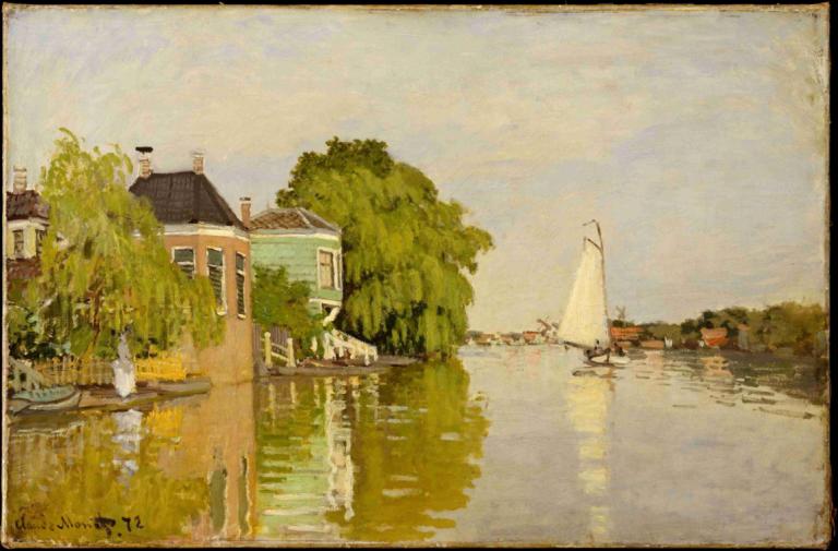 Houses on the Achterzaan,Claude Monet,Oil Painting,Oil Painting, outdoors, tree, no humans, scenery, house