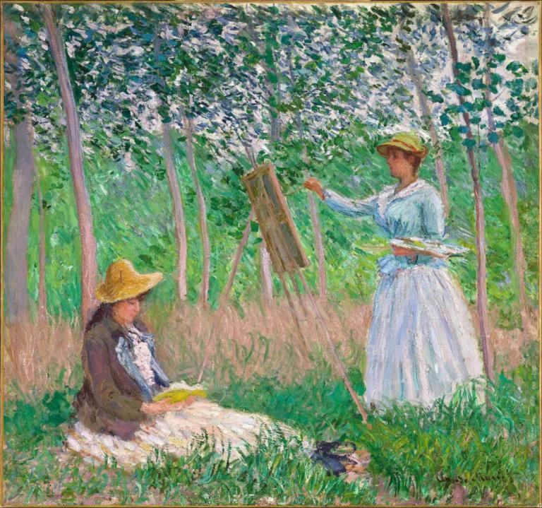 In The Woods At Giverny- Blanche Hoschedé At Her Easel With Suzanne Hoschedé Reading,Claude Monet