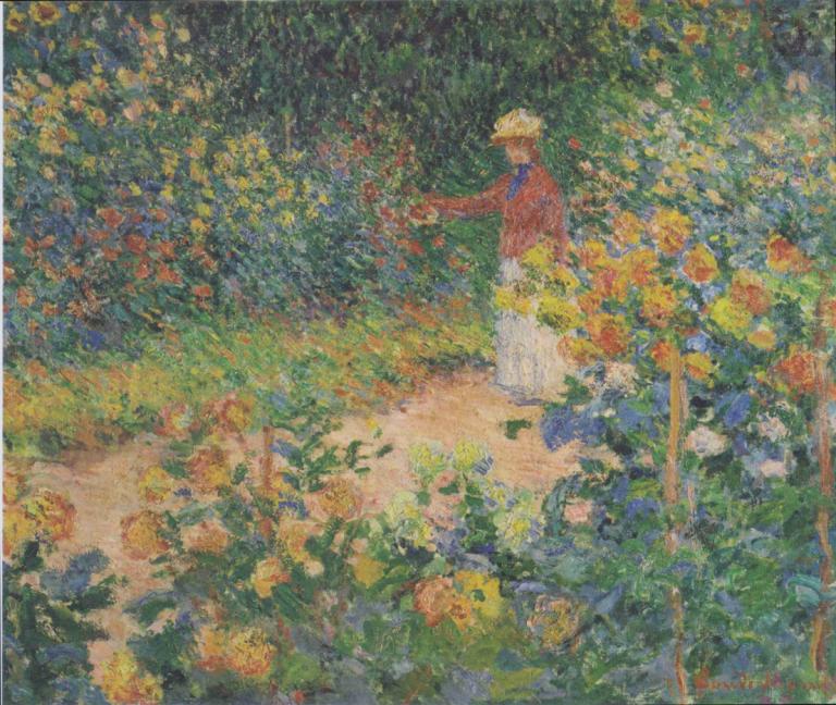 In the garden,Claude Monet,Oil Painting,Oil Painting, 1girl, solo, flower, hat, outdoors, yellow flower