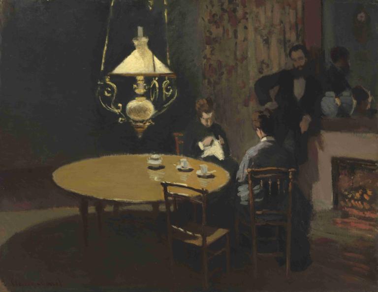 Interior, after Dinner,Claude Monet,Oil Painting,Oil Painting, table, chair, indoors, multiple boys, sitting