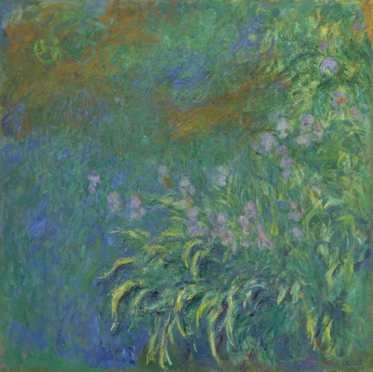 Irises,Claude Monet,Oil Painting,Oil Painting, no humans, flower, plant, nature, traditional media, leaf