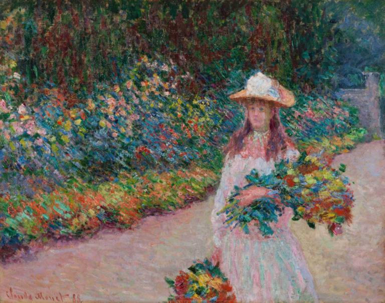 Jeune fille dans le jardin de Giverny,Claude Monet,Oil Painting,Oil Painting, 1girl, solo, hat, dress, flower