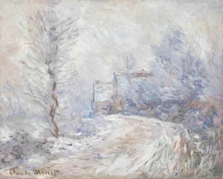 L’entrée de Giverny sous la neige,Intrarea în Giverny în zăpadă,Claude Monet,Pictura in ulei,Pictura in ulei