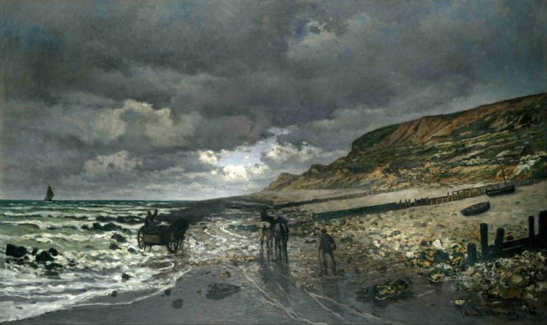 La Pointe de la Hève at Low Tide,Claude Monet,Oil Painting,Oil Painting, cloud, scenery, outdoors, sky, ocean