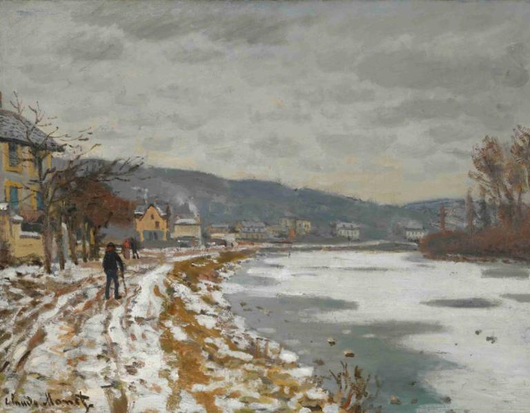 La Seine À Bougival,Sena v Bougivalu,Claude Monet,Oljna slika,Oljna slika, na prostem, drevo, sneg, kulisa