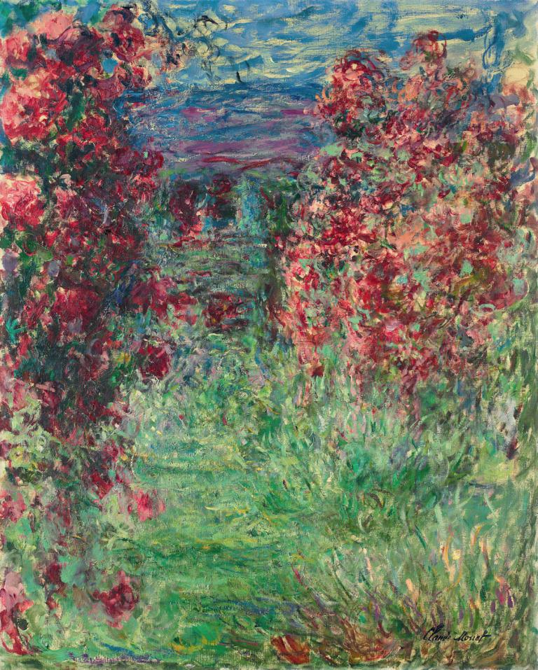 La maison dans les roses,Claude Monet,Oil Painting,Oil Painting, scenery, no humans, sky, outdoors, cloud