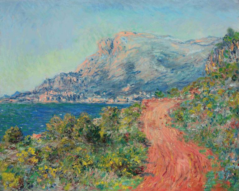 La route rouge près de Menton,Claude Monet,Oil Painting,Oil Painting, scenery, no humans, outdoors, sky