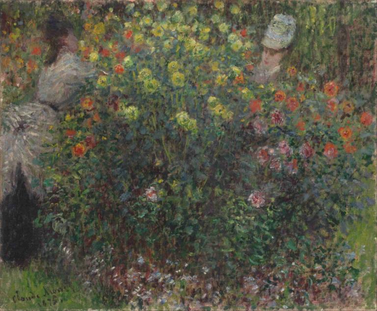 Ladies in Flowers,Claude Monet,Oil Painting,Oil Painting, flower, dress, 1girl, outdoors, tree, grass