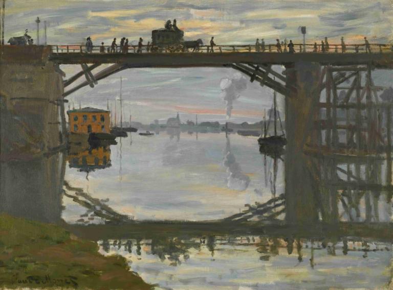 Le Pont De Bois,Claude Monet,Oil Painting,Oil Painting, scenery, outdoors, cloud, sky, bridge, water