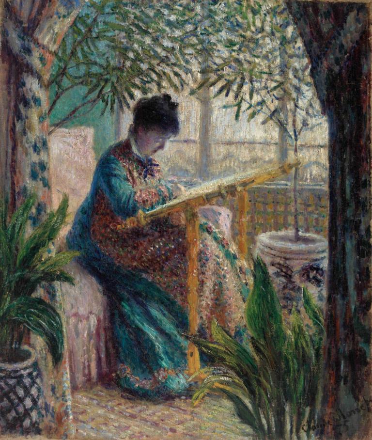 Madame Monet Embroidering (Camille au métier),Claude Monet,Oil Painting,Oil Painting, 1girl, solo, dress