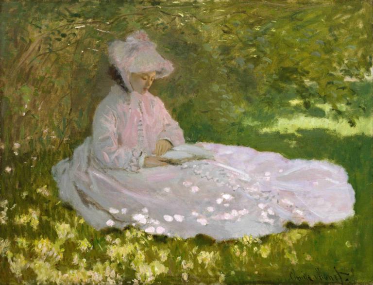 Springtime,Bahar Zamanı,Claude Monet,Yağlı boya,Yağlı boya, 1kız, solo, elbise, kitap, ağaç, okuma, şapka