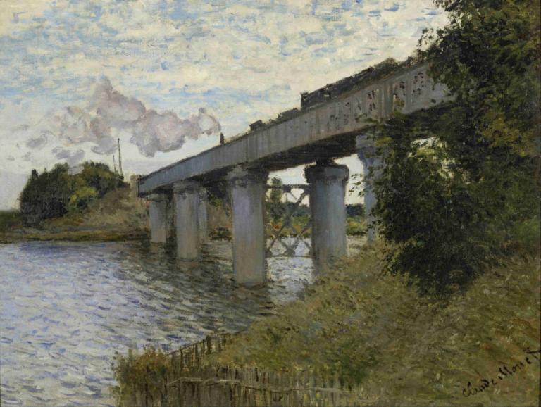 The Railroad bridge in Argenteuil,아르젠투유의 철도 다리,Claude Monet,클로드 모네,오일 페인팅,오일 페인팅, 인간은 없어, 경치, 옥외, 구름, 전통 미디어