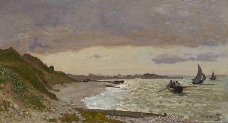 The Seashore at Sainte-Adresse,생트 아드레스의 해변,Claude Monet,클로드 모네,오일 페인팅,오일 페인팅, 보트, 선박, 경치, 옥외, 구름, 물, 하늘, 대양