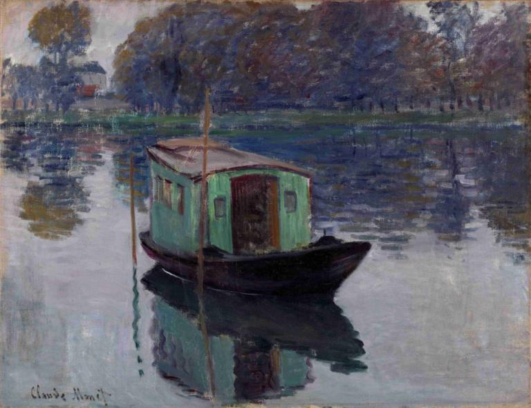 The Studio Boat,เรือสตูดิโอ,Claude Monet,คลัด โมเนต์,จิตรกรรมสีน้ำมัน,จิตรกรรมสีน้ำมัน, สื่อแบบดั้งเดิม