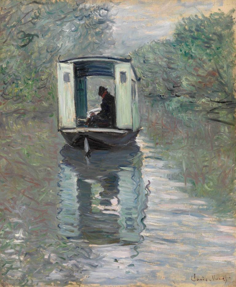 The Studio Boat (Le Bateau-atelier),Claude Monet,Oil Painting,Oil Painting, outdoors, tree, sitting, solo