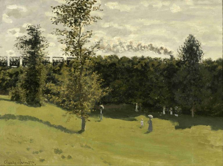 Train in the Countryside,Vlak na podeželju,Claude Monet,Oljna slika,Oljna slika, drevo, na prostem