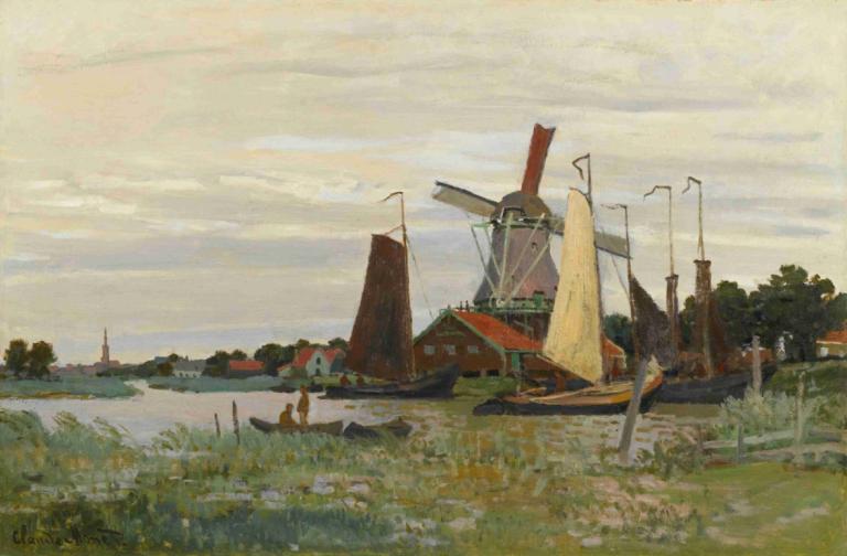 Un Moulin À Zaandam,Claude Monet,Oljemålning,Oljemålning, utomhus, landskap, gräs, moln, träd, himmel