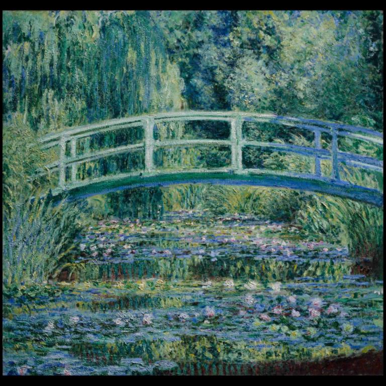 Water Lilies and Japanese Bridge,睡蓮與日式橋牌,Claude Monet,克勞德·莫奈,油畫,油畫, 風景, 沒有人類, 傳統媒體, 戶外, 自然, 橋, 黑色邊框, 河, 樹, 邊界