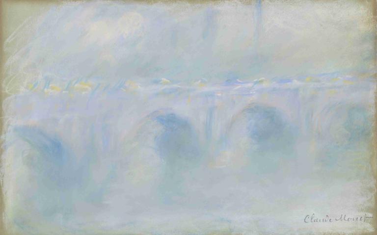 Waterloo Bridge,Claude Monet,Oil Painting,Oil Painting, solo, dated, blue eyes, traditional media, 1girl