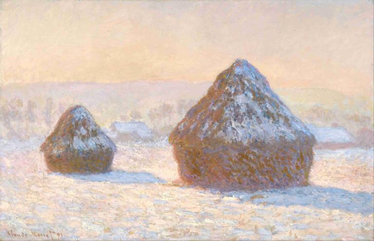 Wheatstacks, Snow Effect, Morning,Claude Monet,Oil Painting,Oil Painting, no humans, outdoors, scenery